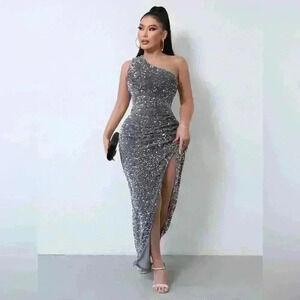 One Shoulder Sequin Sparkle High Slit Wrap Formal Evening Dress Silver S
